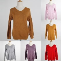 Fashion Solid Color Long Sleeve V-neck Knit Sweater