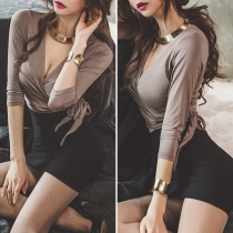 Sexy Deep V-neck Long Sleeve Lace-up Top + High Waist Skirt Two-piece Set