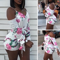 Sexy Off-shoulder Long Sleeve Slim Fit Printed Romper