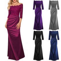 Sexy Off-shoulder Boat Neck 3/4 Sleeve Lace Spliced Evening Dress
