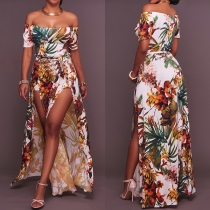 Sexy Off-shoulder Boat Neck Slit Hem Printed Party Dress