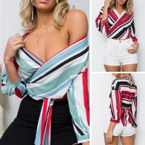 Sexy Deep V-neck 3/4 Sleeve Lace-up Hem Striped Top