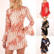 Fashion Trumpet Sleeve Round Neck Slim Fit Printed Dress