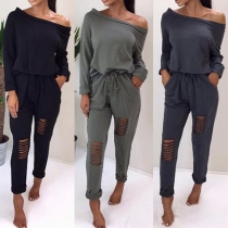 Sexy Oblique Shoulder Long Sleeve Hollow Out Solid Color Jumpsuit