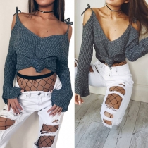 Sexy Off-shoulder Trumpet Sleeve V-neck Solid Color Knit Top