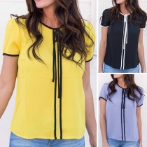 Fashion Contrast Color Short Sleeve Lace-up Round Neck T-shirt
