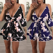 Sexy Backless Off-shoulder Deep V-neck High Waist Printed Romper