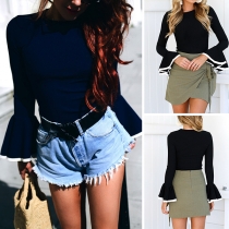Fashion Solid Color Lotus Sleeve Round Neck Slim Fit Top