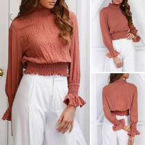 Fashion Lotus Sleeve Turtleneck Elastic Hem Solid Color Top