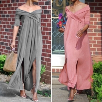 Sexy Off-shoulder V-neck Half Sleeve Slit Hem Solid Color Dress