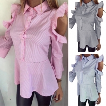 Sexig off-shoulder volangskjorta med långärmad POLO-krage och ränder