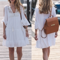 Sexy V-neck Slit Trumpet Sleeve Lace Spliced Solid Color Beach Dress
