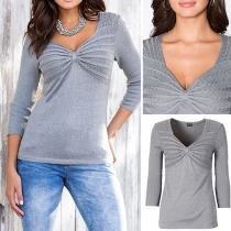 Fashion Solid Color 3/4 Sleeve V-neck Slim Fit Knit Top