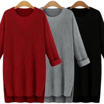 Fashion Solid Color Long Sleeve Round Neck Slit High-low Hem Sweater