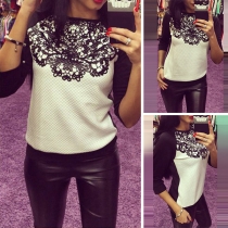 Fashion Contrast Color Long Sleeve Round Neck Lace Spliced T-shirt