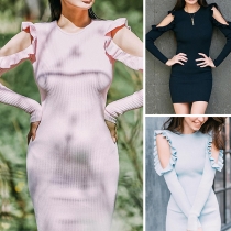 Sexy Off-shoulder Long Sleeve Round Neck Solid Color Knit Dress