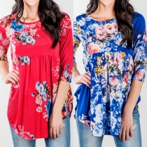 Fashion 3/4 Sleeve Round Neck Arc Hem Printed Loose Top