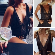 Sexy Backless Deep V-neck Lace Spliced Sleeveless Bodysuit