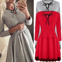 Fashion Long Sleeve Lace-up Bowknot Round Neck Lace Spliced Hem Dress