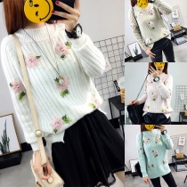 Fashion Solid Color Long Sleeve Round Neck Beaded Embroidered Spliced Sweater