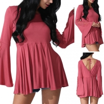 Sexy Deep V-neck Lace Spliced Trumpet Sleeve Solid Color T-shirt