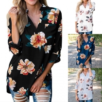 Fashion Long Sleeve V-neck High-low Hem Printed T-shirt