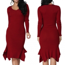 Fashion Solid Color Long Sleeve V-neck Fishtail Hem Slim Fit Knit Dress