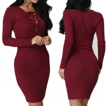 Sexy Lace-up Deep V-neck Long Sleeve Solid Color Tight Dress