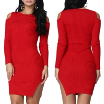 Sexy Off-shoulder Long Sleeve Slit Hem Solid Color Slim Fit Knit Dress