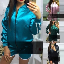 Fashion Long Sleeve Stand Collar Sports Coat + Shorts Two-piece Set