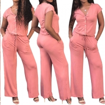 Fashion Short Sleeve V-neck Elastic Waist Solid Color Jumpsuit