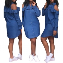 Sexy Off-shoulder Long Sleeve POLO Collar Ruffle Denim Dress