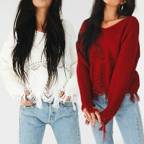 Fashion Solid Color Long Sleeve V-neck Tassel Hem Loose Sweater