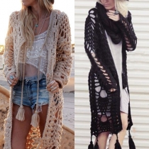 Boho Långärmad Tofs Hem Utsmyckad Stickad Cardigan