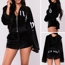 Fashion Letters Printed Long Sleeve Hooded Sweatshirt Coat + Shorts Two-piece Set