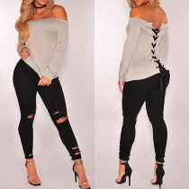 Sexy Off-shoulder Boat Neck Long Sleeve Lace-up Solid Color T-shirt