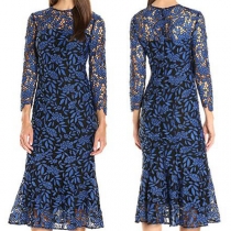 Sexy Long Sleeve Round Neck Slim Fit Hollow Out Lace Dress