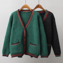 Fashion Contrast Color Long Sleeve V-neck Knit Cardigan 