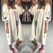 Fashion Embroidered Lantern Sleeve Solid Color Knit Cardigan 
