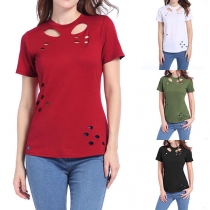 Chic Style Short Sleeve Round Neck Solid Color Ripped T-shirt