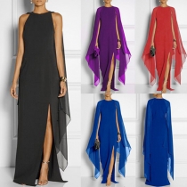 Sexy Slit Dolman Sleeve Round Neck Slit Hem Solid Color Party Dress