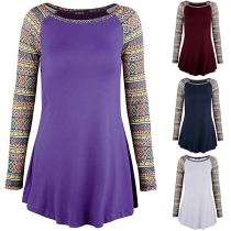 Fashion Printed Spliced Long Sleeve Round Neck T-shirt