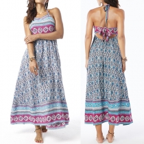 Sexy Backless Slit Hem Printed Halter Dress