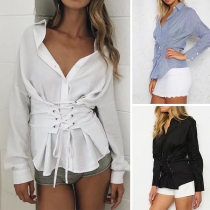 Fashion Long Sleeve POLO Collar Single-breasted Lace-up Shirt