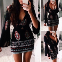 Sexy Deep V-neck Trumpet Sleeve Slim Fit Printed Dress