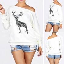 Sexy Oblique Shoulder Long Sleeve Elk Printed Sweatshirt