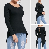 Sexy Long Sleeve Round Neck Irregular Hem Back-slit Lace-up T-shirt