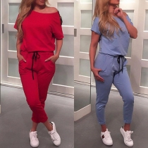 Fashion Solid Color Short Sleeve Round Neck Drawstring Waist Jumpsuit