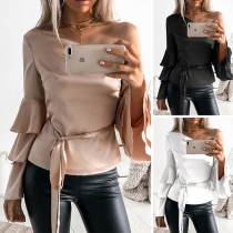 Sexy Off-shoulder Trumpet Sleeve Solid Color Top