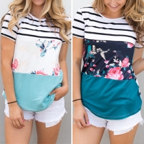 Fashion Printed Spliced Short Sleeve Round Neck Striped T-shirt